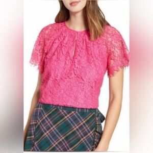 J. Crew Hot Pink Lace Short Sleeve Blouse Size Small